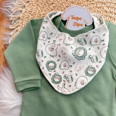 Conj. Body Manga Longa, Calça e Babador Bandana Bichinhos - Verde